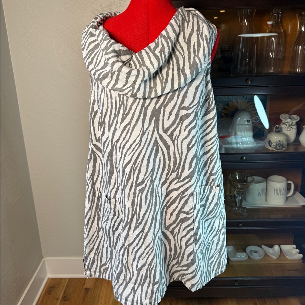 Match Point Linen Zebra Print Cowl Neck Tunic Dress with Pockets USA Size S
